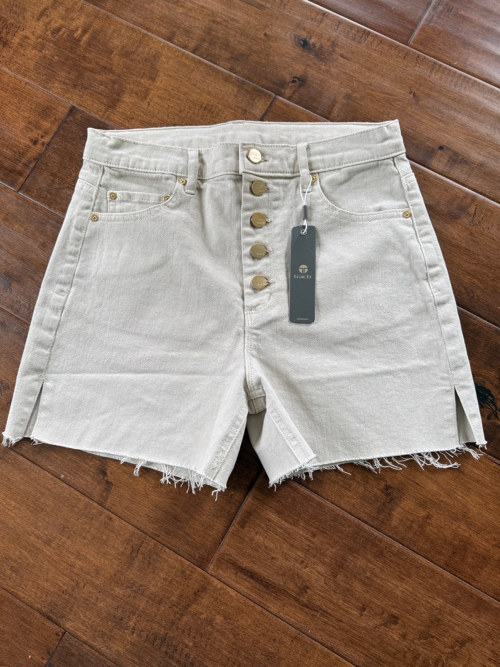 Tractr High Waist Slim Denim Shorts button fly NWT Tan